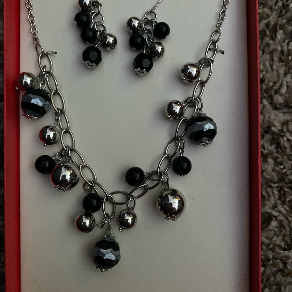 Black and Silver Cascading Bead Necklace